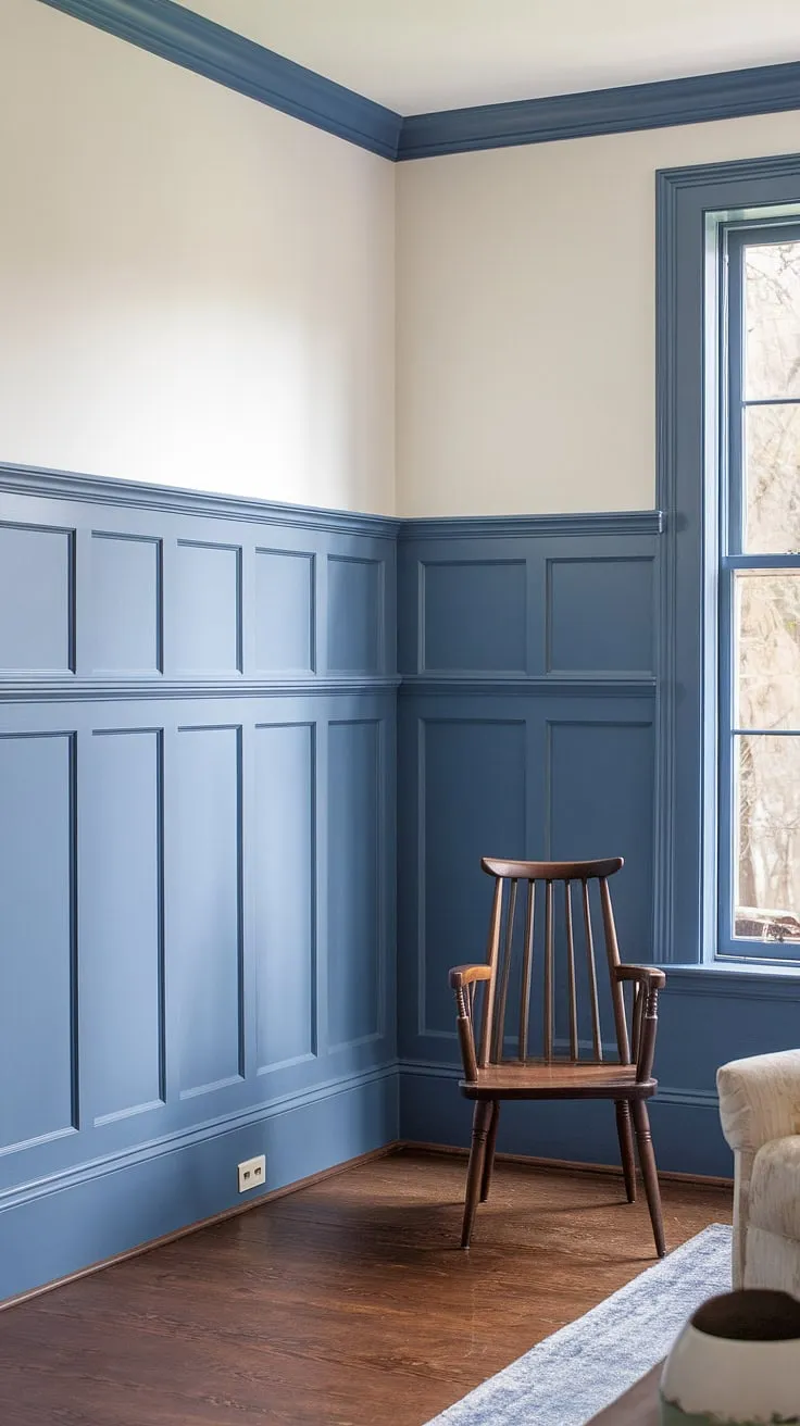 The deep blue wainscoting panels, extending to the window, create a striking contrast against the crisp white painted walls.  The board and batten detail above adds architectural interest, showcasing the meticulous craftsmanship of the wall trim and wall molding.