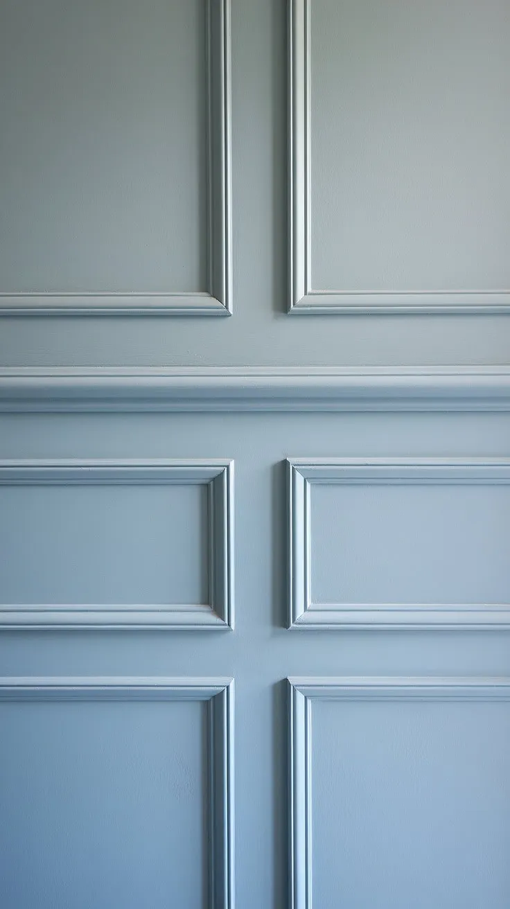 Subtle elegance meets modern design.  The interplay of blue wainscoting, crisp white wall trim and molding, and light blue painted walls is captivating.  The carefully chosen wainscoting panels and board and batten detailing elevate this space to a new level of sophistication.
