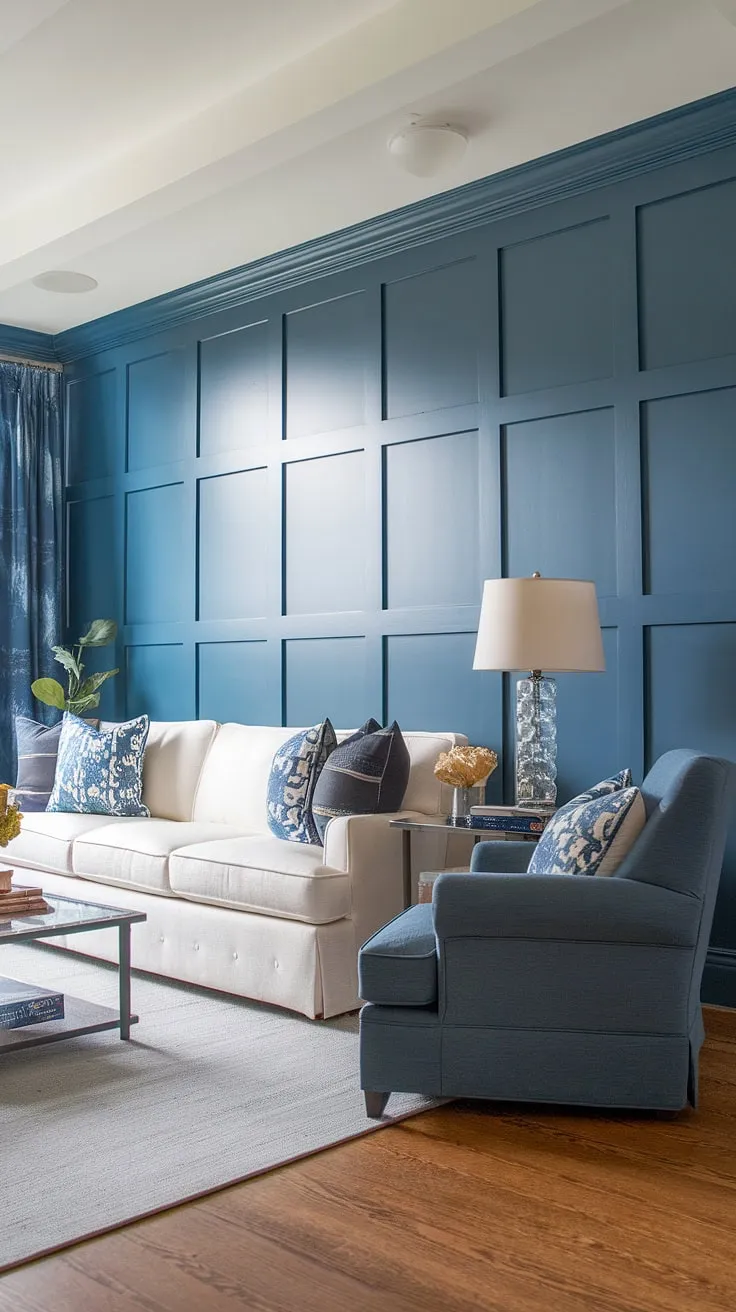 Ocean-inspired serenity meets modern elegance.  The rich blue wainscoting, complete with board and batten detailing and crisp white wall trim and molding, transforms this living room into a haven of sophisticated style.  The painted walls and wainscoting panels create a captivating visual rhythm.