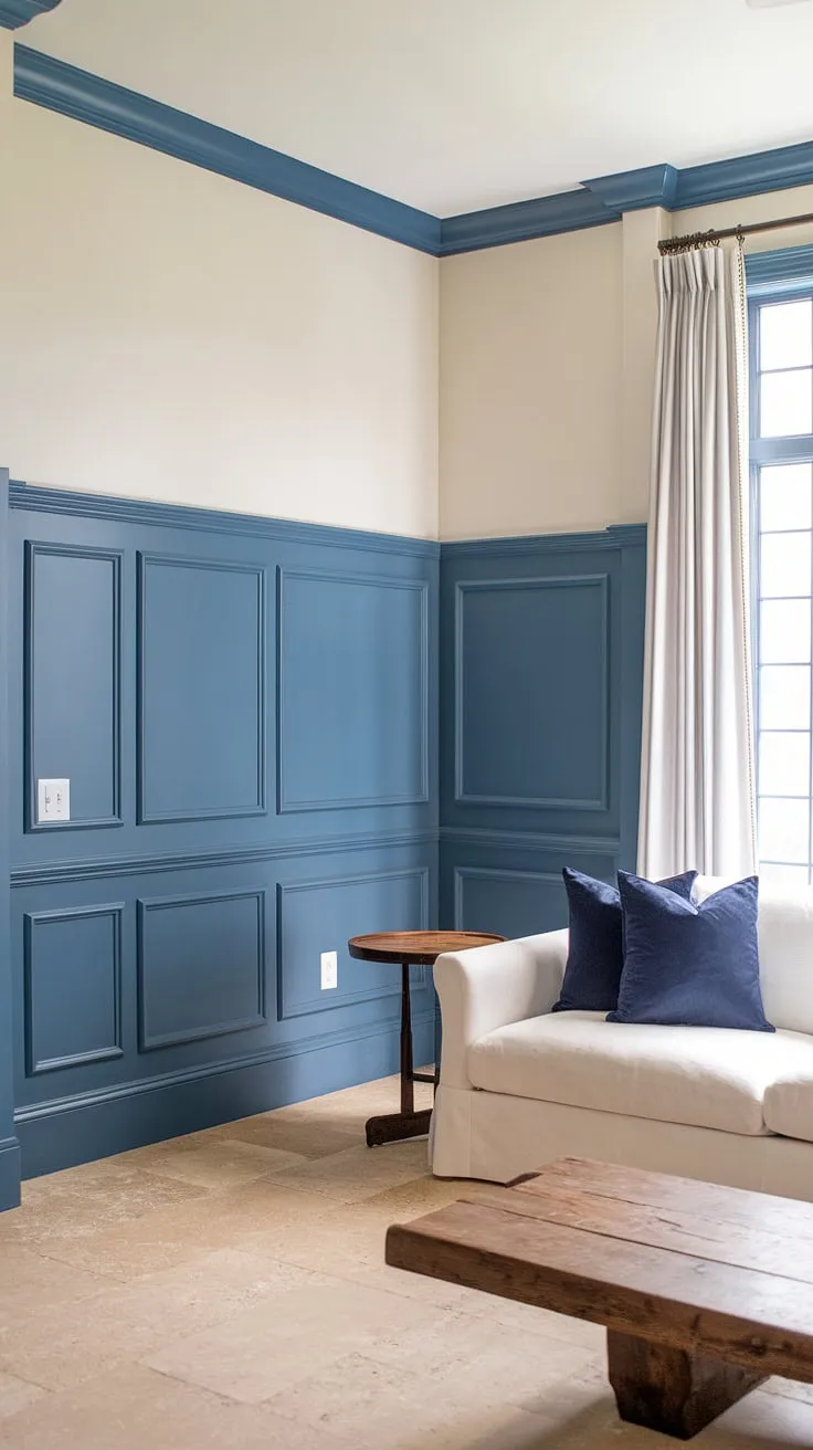 Subtle blue wainscoting and striking board and batten detailing on the painted walls bring a touch of nautical charm to this airy living room.  The carefully considered wall trim and wainscoting panels, along with the elegant wall molding, elevate the space to a haven of refined style.