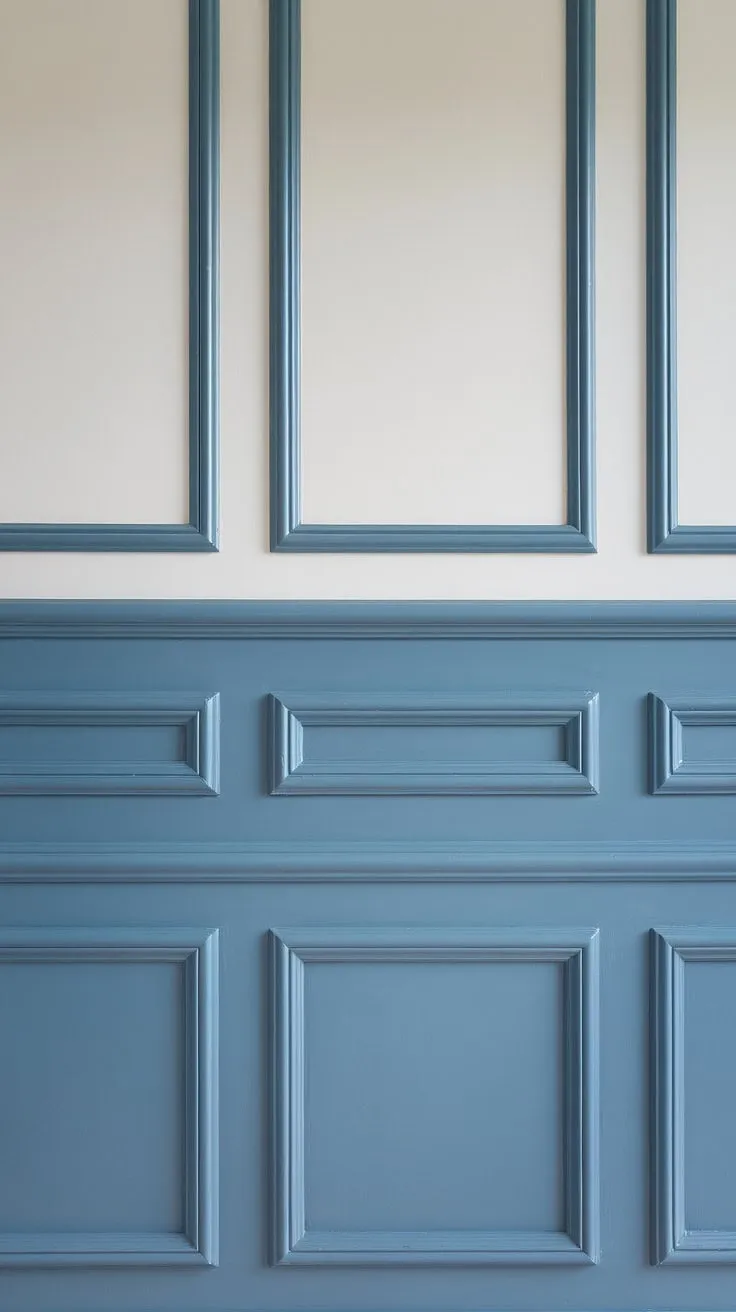 The crisp white painted walls are beautifully complemented by the rich blue wainscoting, a stunning display of board and batten detailing.  The carefully chosen wall trim and molding, along with the subtle gray lower section, create a sophisticated and timeless aesthetic.