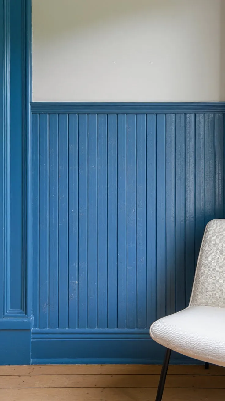 Subtle yet striking, the blue wainscoting brings a calming presence to this space.  The board and batten wall trim, extending halfway up the wall, is a masterful use of wainscoting panels, creating a sophisticated division between the blue and white painted walls. The light wood floors and a single white chair complete the tranquil scene.