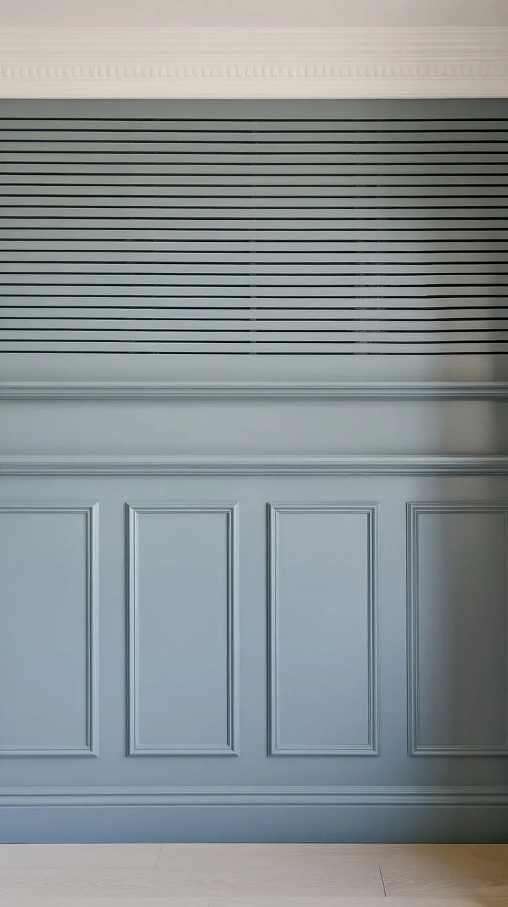 Subtle elegance meets modern charm in this space, where the light blue wainscoting, detailed board and batten, and crisp white wall trim create a captivating interplay of texture and color.  The carefully chosen wall molding and painted walls complete the sophisticated look.
