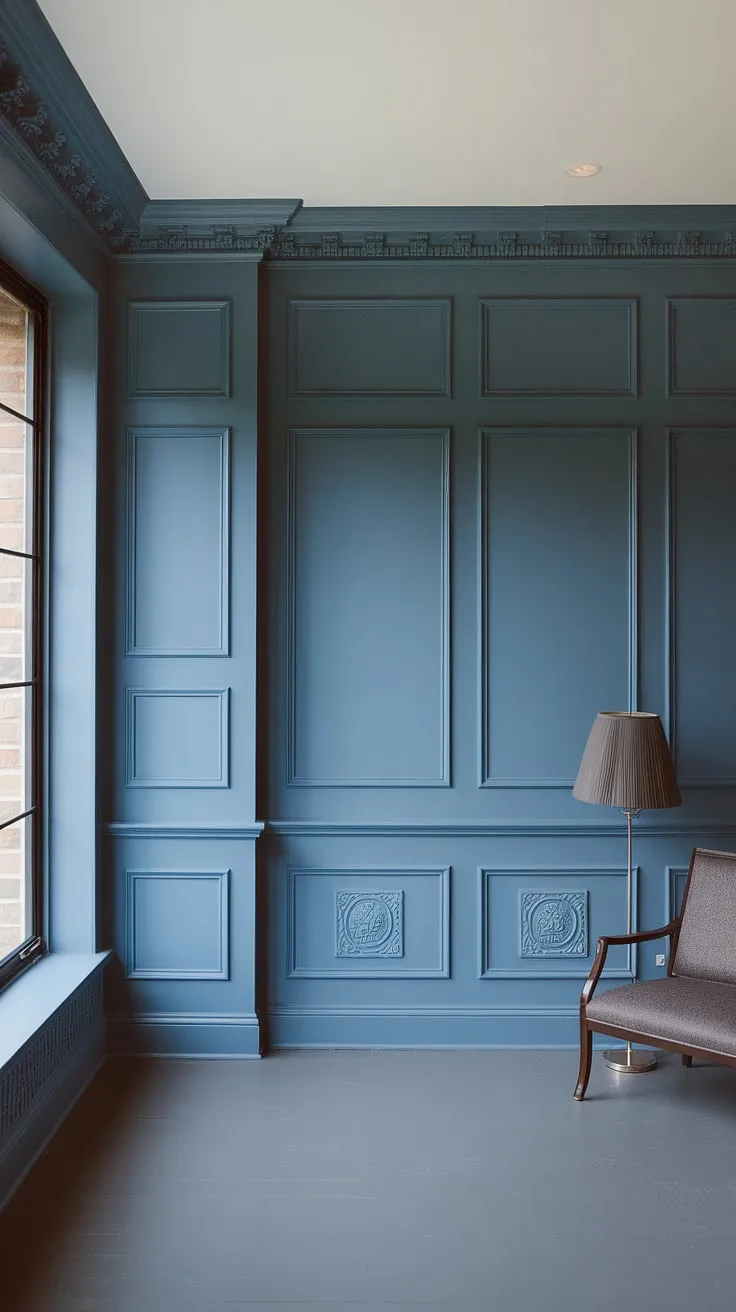 A symphony of blue.  This room's stunning blue wainscoting, extending from floor to ceiling, is a masterpiece of board and batten artistry.  The carefully chosen wall trim and wall molding, combined with the soft painted walls, create a space that is both sophisticated and inviting.  Every wainscoting panel tells a story.