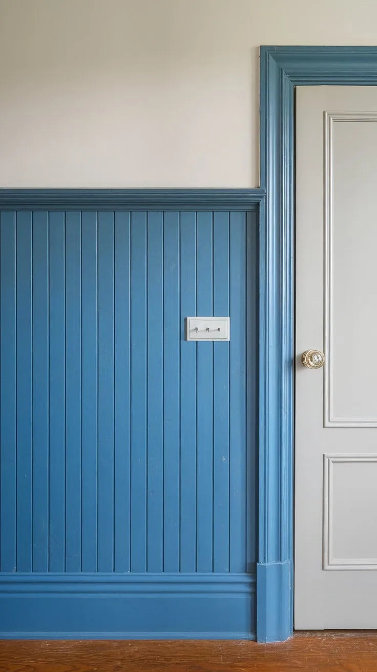The rich blue of the board and batten wainscoting panels, extending all the way to the ceiling, creates a dramatic backdrop against the crisp white painted walls.  The meticulous wall trim and wall molding add architectural detail to this stunning room.