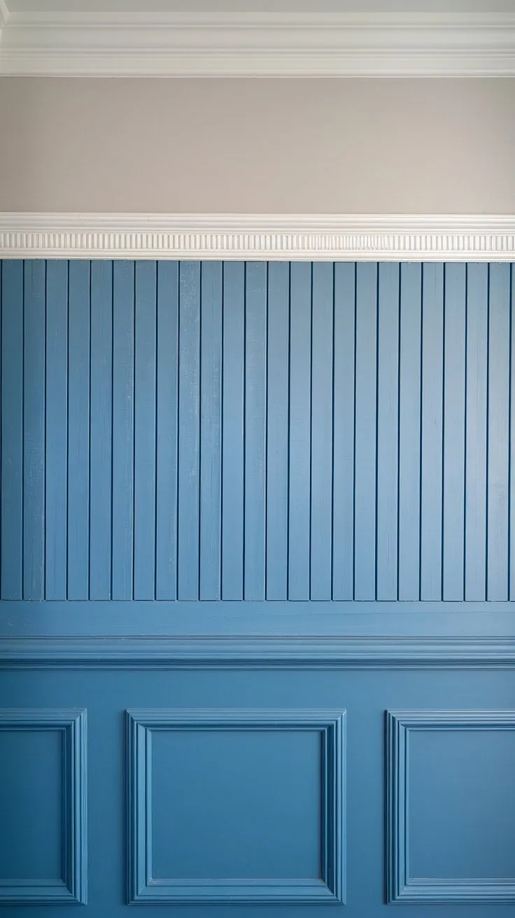 Painted walls in a calming grey provide the perfect backdrop for the striking blue wainscoting and its meticulously crafted wainscoting panels.  The addition of board and batten detailing, accented by crisp white wall trim and wall molding, elevates the space to sophisticated heights.