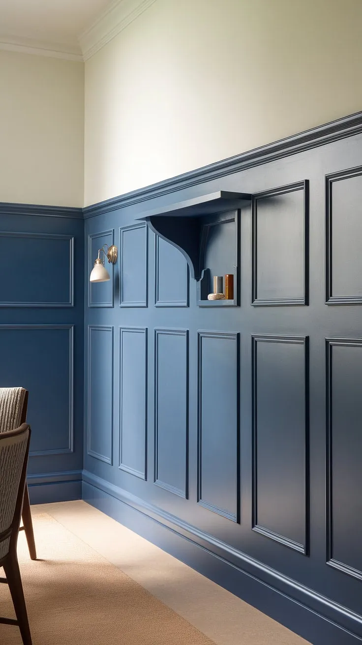 Subtle elegance meets modern design in this space.  The deep blue wainscoting, featuring intricate board and batten and detailed wainscoting panels, creates a captivating focal point against the clean white painted walls.  The carefully chosen wall trim and wall molding complete the look.