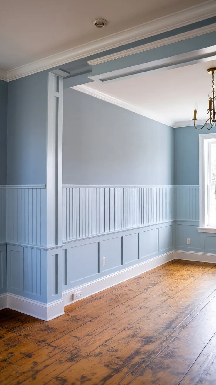 A symphony of texture and color:  light blue painted walls are beautifully complemented by the rich detail of the blue wainscoting, extending to the ceiling.  The contrasting white board and batten and chair rail wall trim complete the look, showcasing the artistry of the wall molding and wainscoting panels. The distressed oak floors add a touch of rustic charm to this perfectly balanced space.