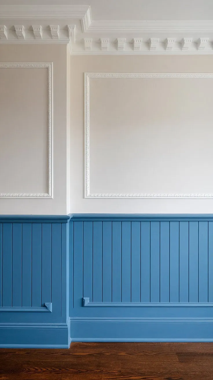 Subtle sophistication meets modern charm in this living room.  The striking blue wainscoting, featuring meticulously crafted board and batten wainscoting panels, creates a focal point against the clean white painted walls.  The elegant wall trim and wall molding complete the look, perfectly paired with the dark wood flooring.