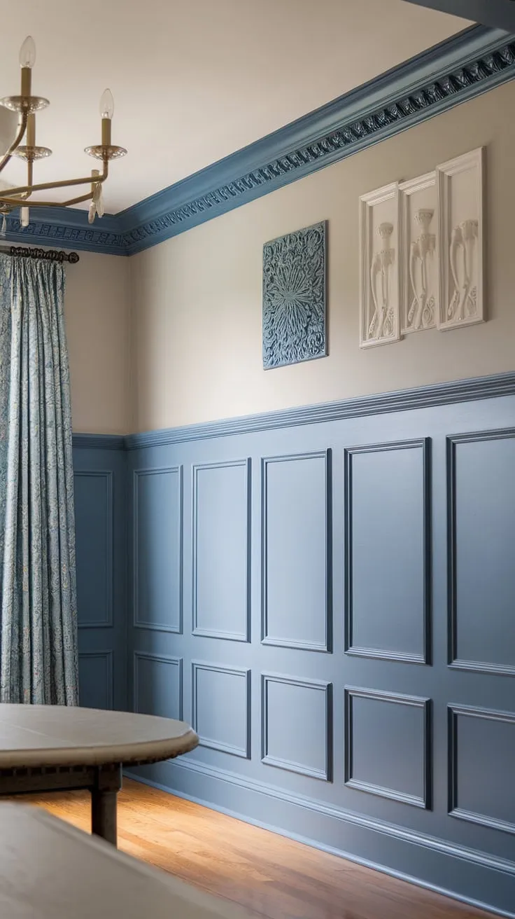 The interplay of light gray painted walls, crisp white wall trim and wall molding, and the rich blue wainscoting creates a captivating backdrop.  The detailed board and batten and wainscoting panels add depth and texture to this elegant space.