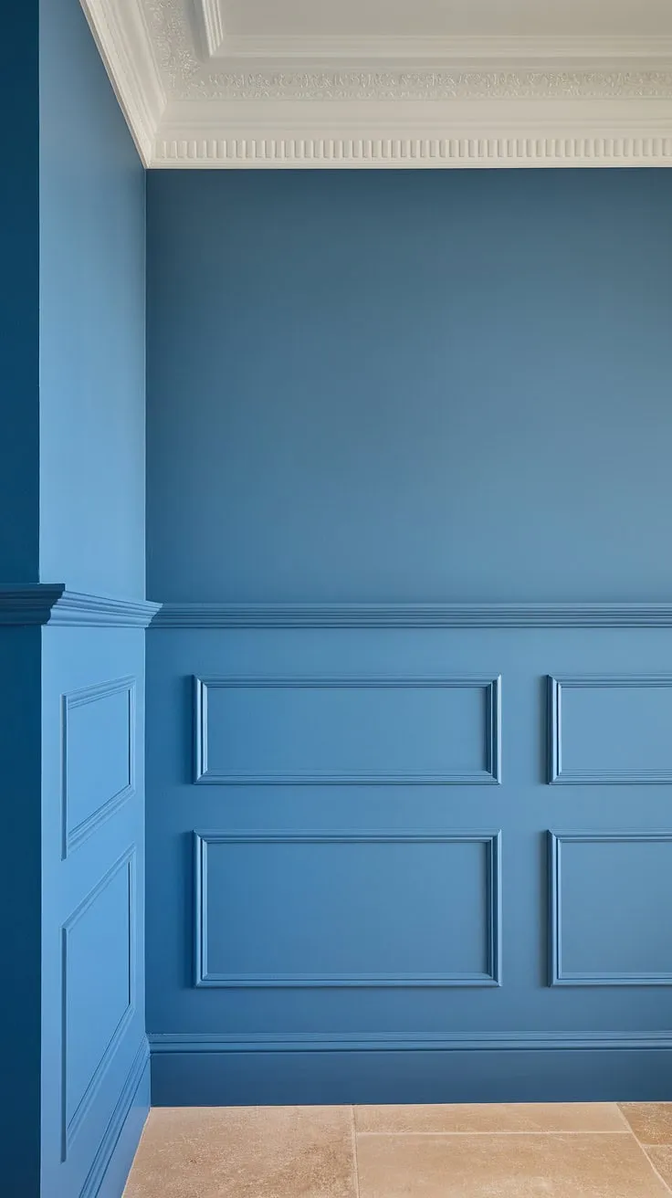 The serene blue wainscoting, a striking feature of board and batten design, elevates this room.  The carefully chosen painted walls, with their distinct wainscoting panels and crisp white wall molding, create a sophisticated and calming atmosphere.  The subtle wall trim perfectly complements the beige tile floor.