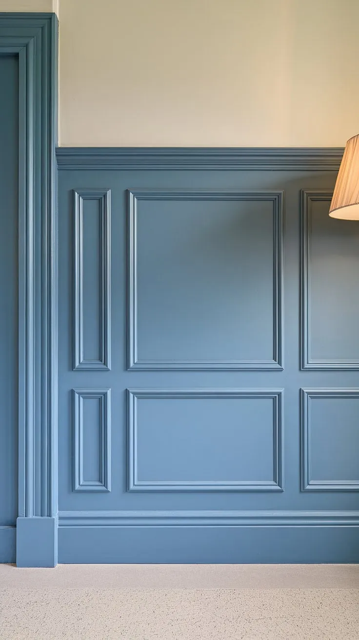 The crisp white board and batten and blue wainscoting panels create a stunning contrast against the soft painted walls.  The meticulous wall trim and wall molding complete this elegant design, perfectly complemented by the subtle grey speckled floor.