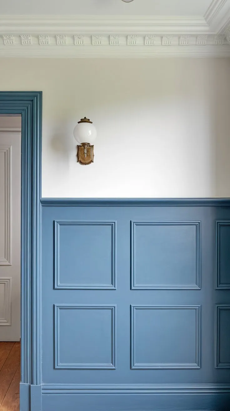 A symphony of texture and color:  blue wainscoting, featuring meticulously crafted board and batten panels, elevates these painted walls.  Subtle wall trim and wall molding complete the sophisticated look.