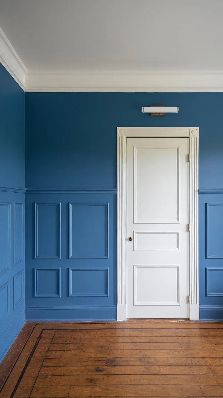 The crisp white ceiling and painted walls beautifully complement the rich blue wainscoting, creating a space of sophisticated charm.  The detailed board and batten wainscoting panels and wall trim add architectural interest, while the subtle wall molding elevates the overall design.