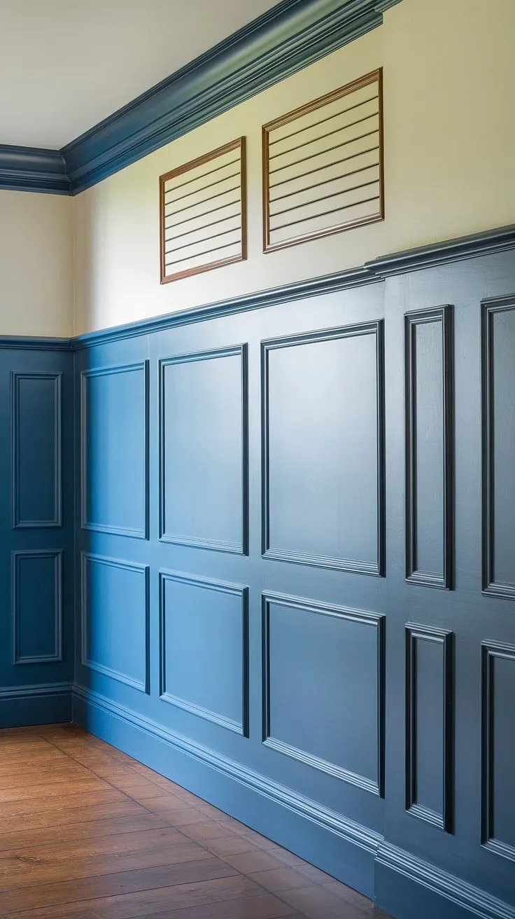 A symphony of texture and color:  deep blue wainscoting panels meet crisp white painted walls, seamlessly transitioning into a striking board and batten design.  Subtle wall molding and carefully placed wall trim complete the look, showcasing the beauty of classic wainscoting in a modern setting.