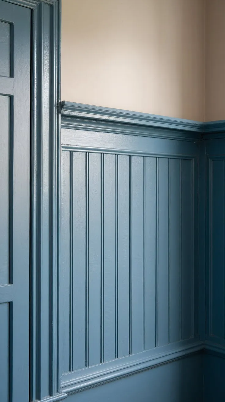 Painted walls in two-toned serenity:  a lower half of beautiful blue wainscoting, featuring board and batten wainscoting panels, and a fresh white upper half.  The matching wall trim and wall molding complete this rustic haven.