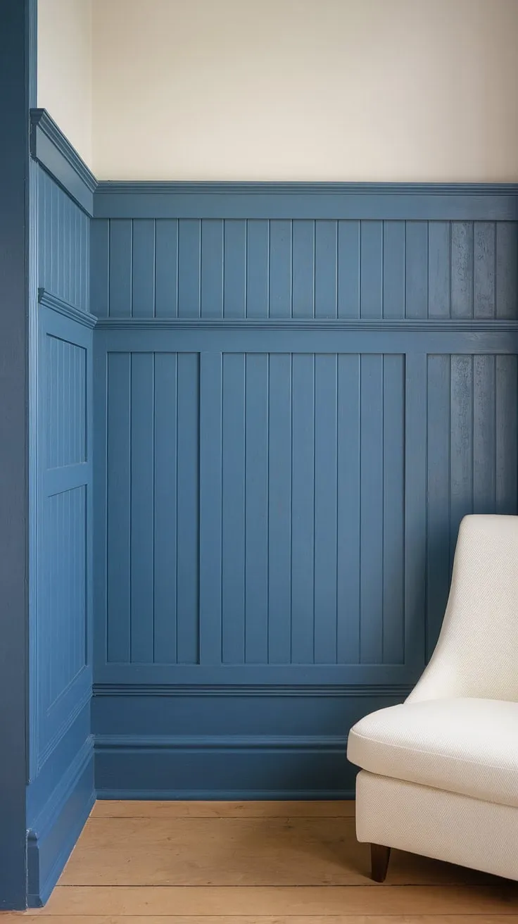 Subtle yet striking, the blue wainscoting brings a calming presence to this room.  The painted walls above the board and batten design create a balanced contrast, while the simple white chair adds a touch of understated elegance.