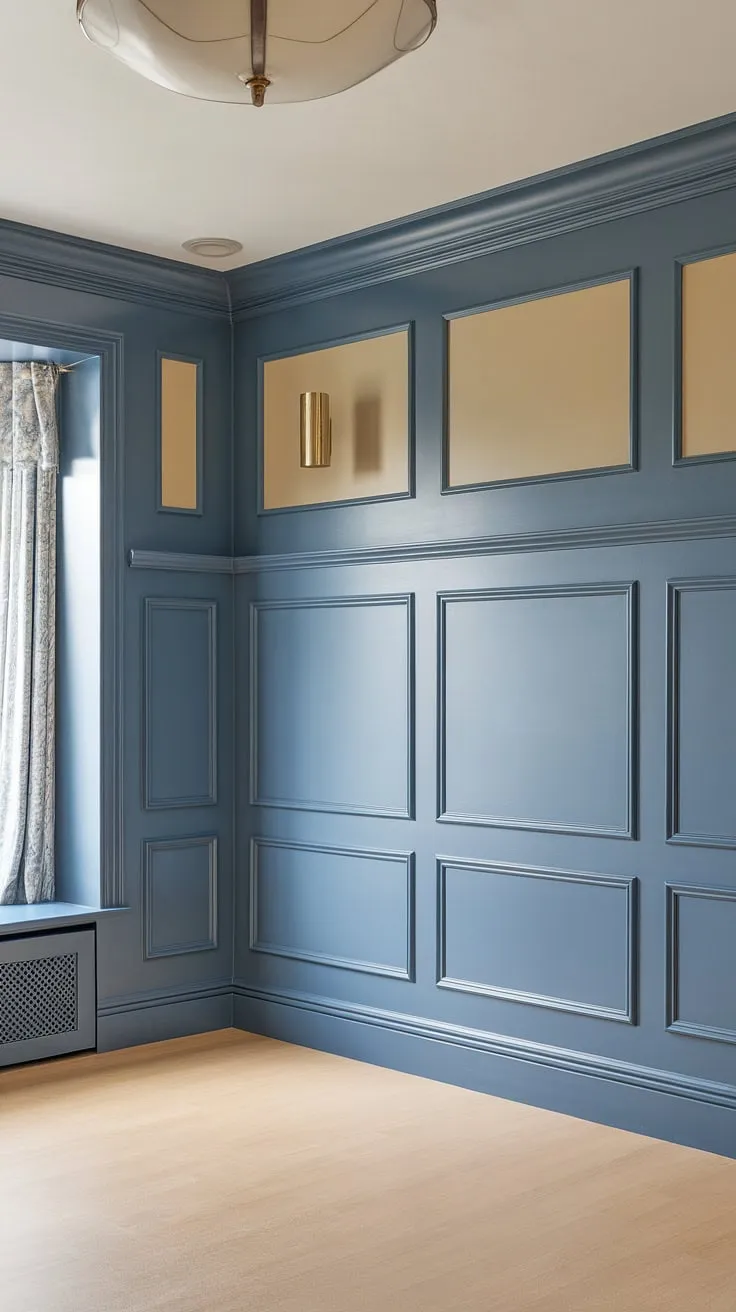 Subtle elegance reigns in this room, where the rich blue wainscoting panels and board and batten accents play against the soft backdrop of painted walls.  The careful placement of wall trim and wall molding elevates the design, creating a space that is both inviting and sophisticated.
