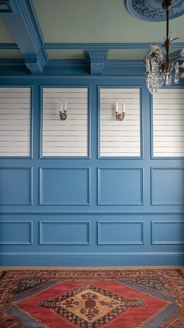 The elegant interplay of blue wainscoting and crisp white board and batten creates a captivating focal point in this room.  The carefully chosen wall molding and wainscoting panels, along with the painted walls and ceiling, contribute to a refined and timeless atmosphere.