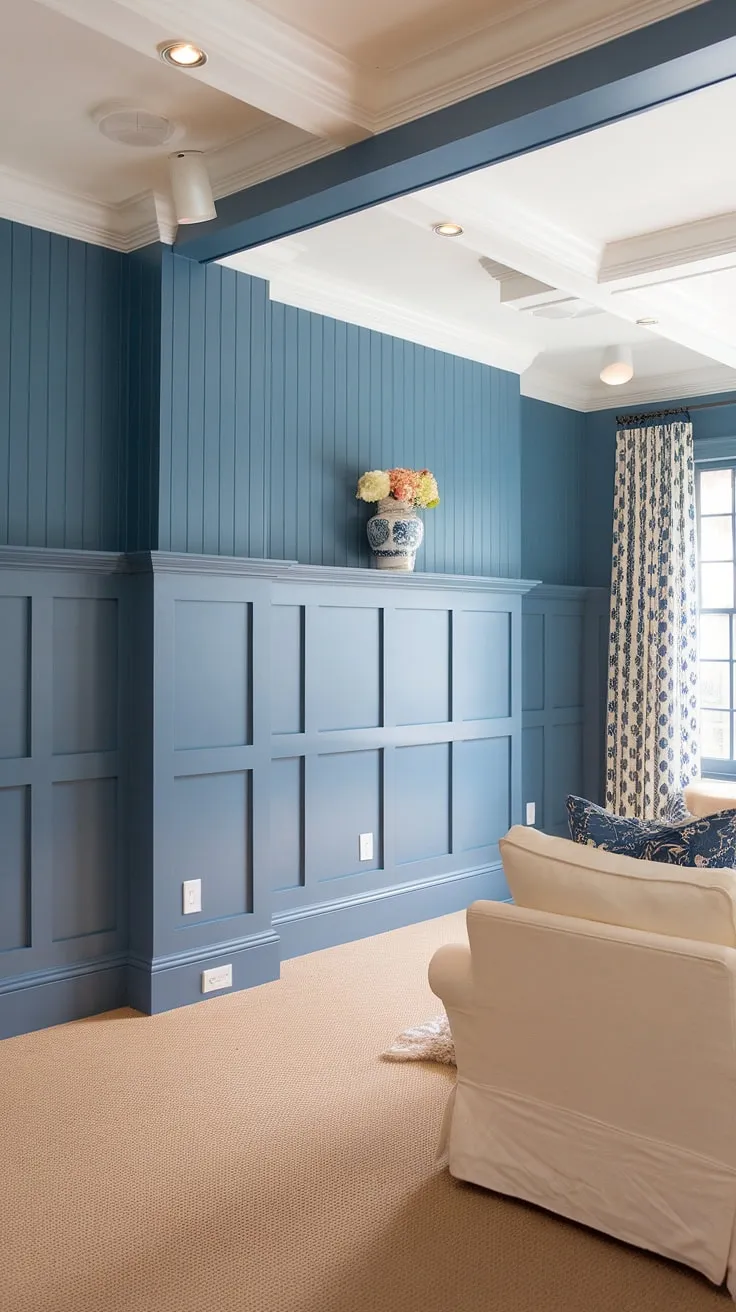 This living room's charm lies in the detail:  the rich blue wainscoting, perfectly complemented by the clean lines of the white board and batten.  The painted walls, accented by crisp white wall trim and wall molding, showcase the beautiful wainscoting panels, creating a calming and stylish atmosphere.