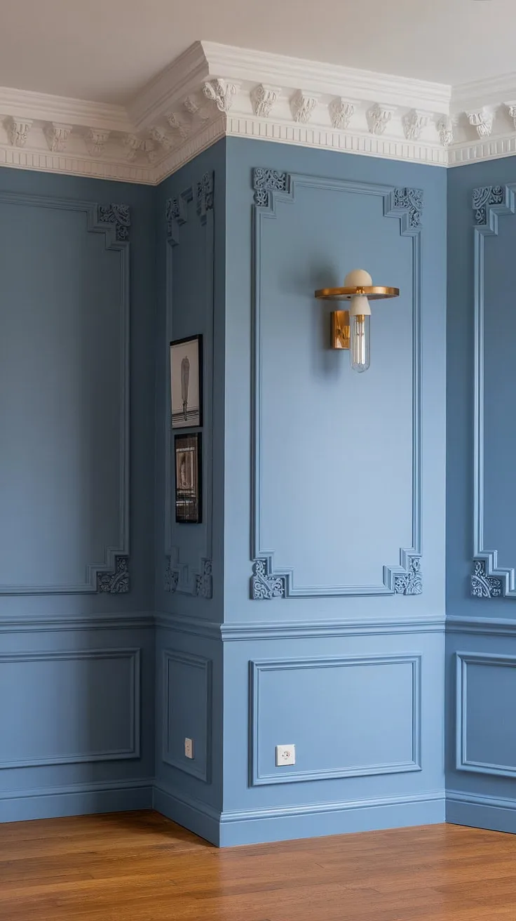 The crisp white painted walls are beautifully complemented by the rich blue wainscoting, a stunning display of board and batten and meticulously crafted wainscoting panels.  The detailed wall trim and wall molding add a touch of classic elegance.