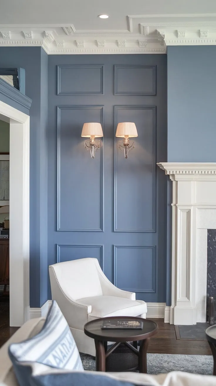 The serene blue wainscoting sets the tone, complemented by the crisp white wall trim and molding.  Board and batten detailing on the upper walls adds texture and visual interest to the painted walls, creating a sophisticated yet cozy atmosphere.  The carefully chosen wainscoting panels and overall design perfectly blend classic elegance with modern comfort.