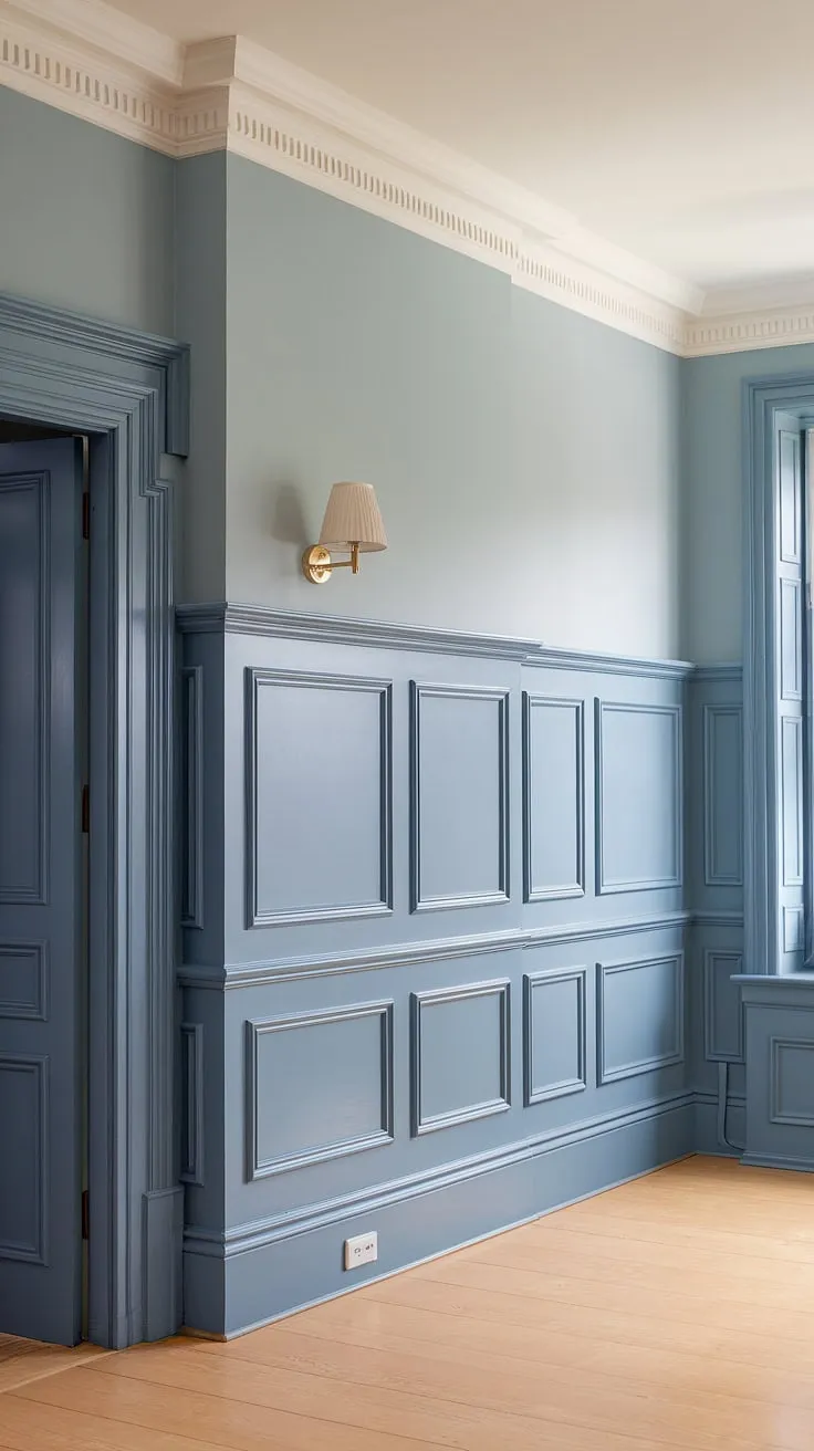 Light-filled and charming, this room showcases the beauty of blue wainscoting panels and white board and batten.  The careful detailing of the wall trim and wall molding, against the soft painted walls, is simply captivating.