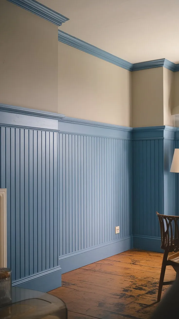 Painted walls provide a serene backdrop to the striking blue wainscoting, a stunning display of board and batten craftsmanship.  The carefully placed wainscoting panels, complemented by the crisp wall molding, transform this room into a haven of understated elegance.