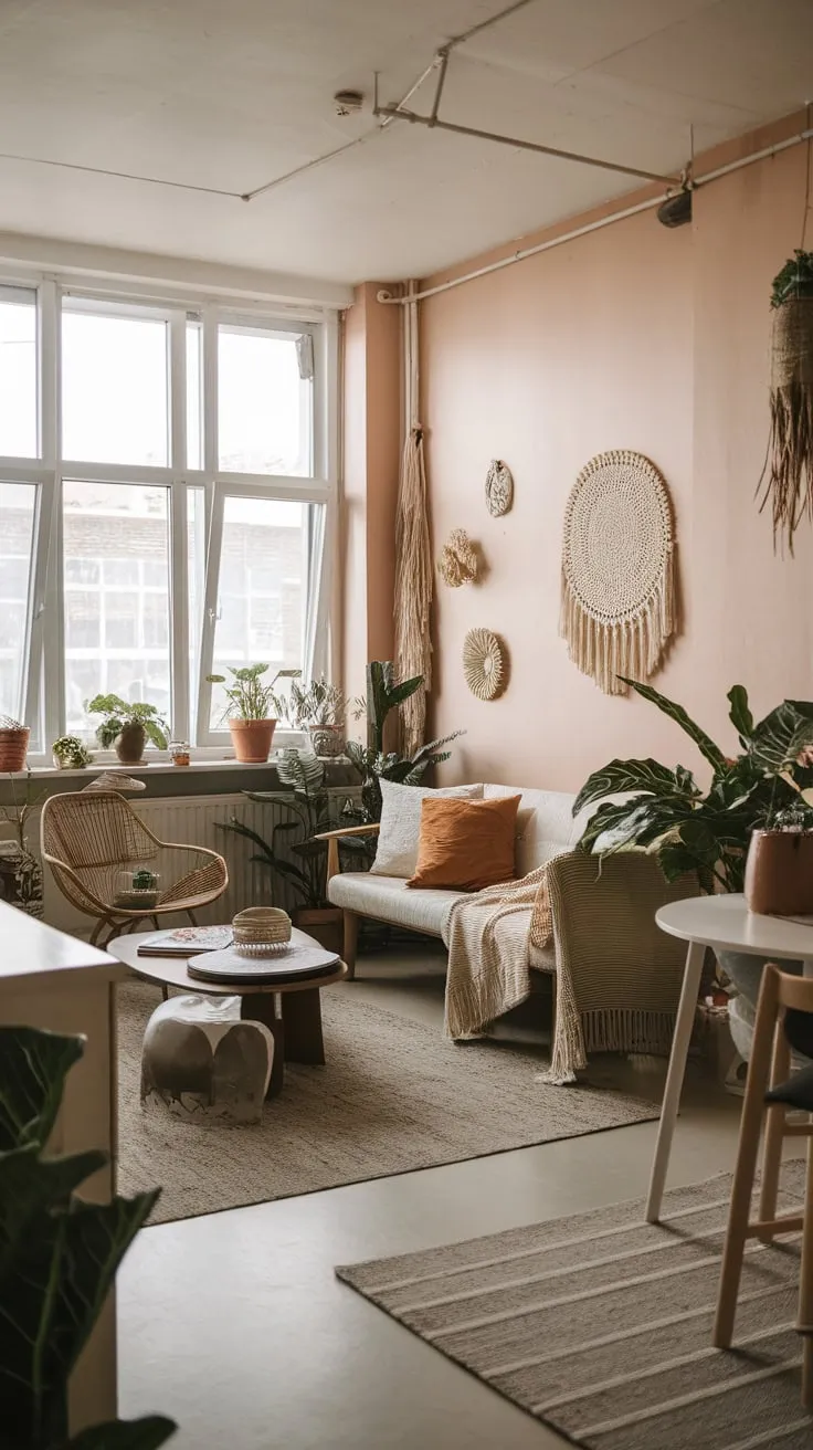 A sparsely furnished boho apartment living room basks in natural light, showcasing a stylish blend of comfort and simplicity.