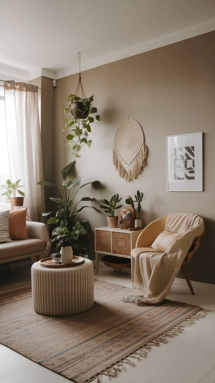 Neutral walls highlight a few key boho pieces in this small, modern living room.
