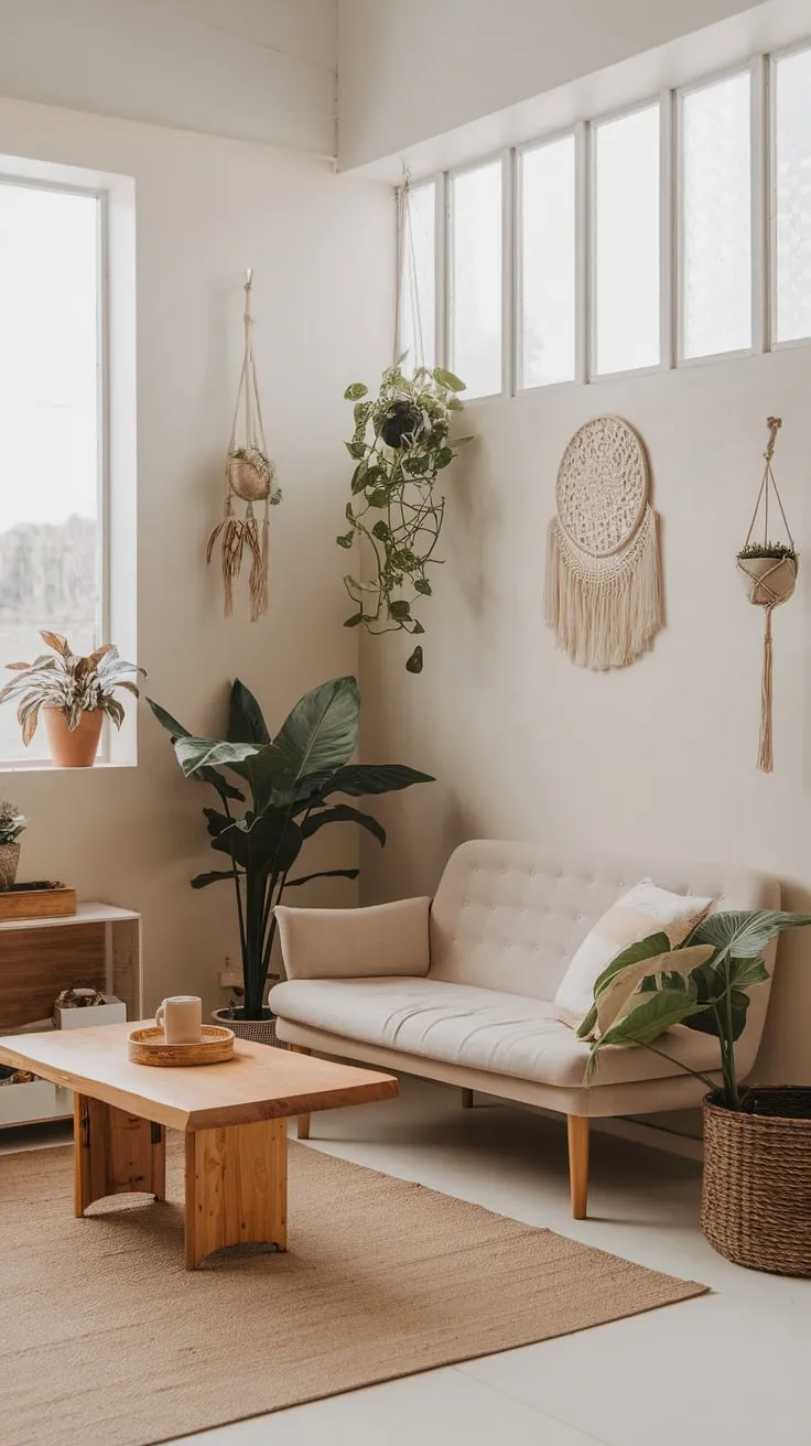 Sunlight streams into a minimalist boho living room, highlighting natural textures and a calm, inviting atmosphere