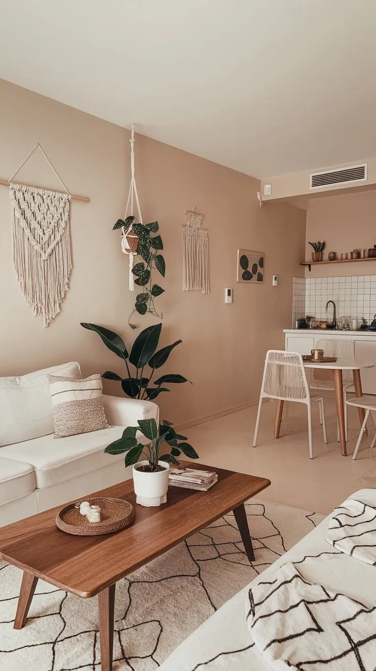 Bright beige walls and minimalist furniture create a serene boho apartment, accented with macrame and greenery.