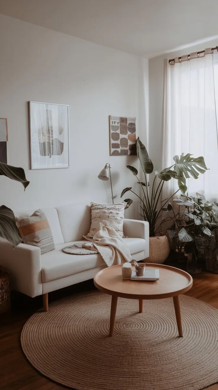 A minimalist boho apartment boasts a white sofa, wooden accents, and lush greenery, creating a calm and inviting space.
