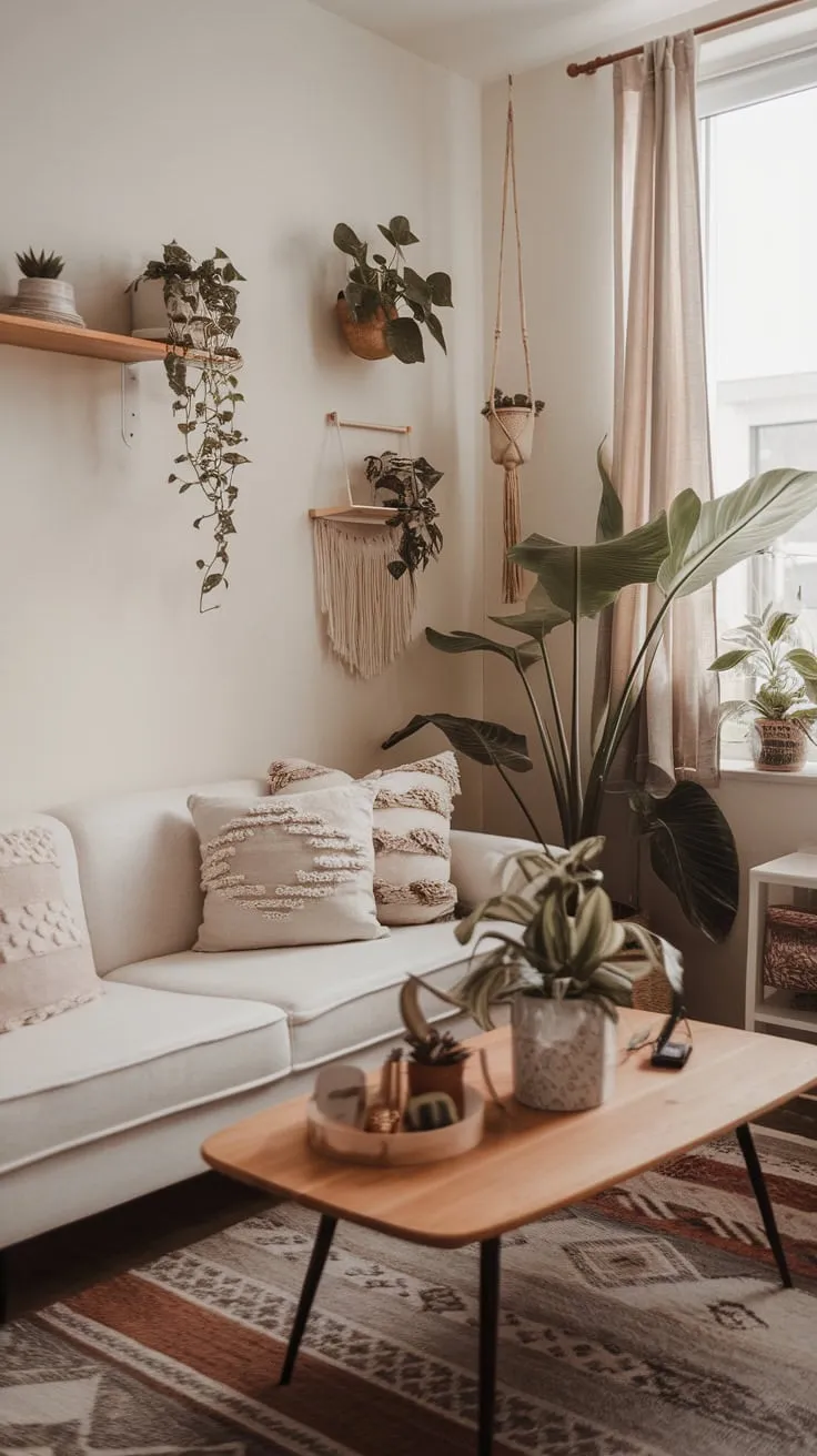 Cozy boho style thrives in this small apartment, its white sofa and wooden accents complemented by lush greenery and eclectic décor.