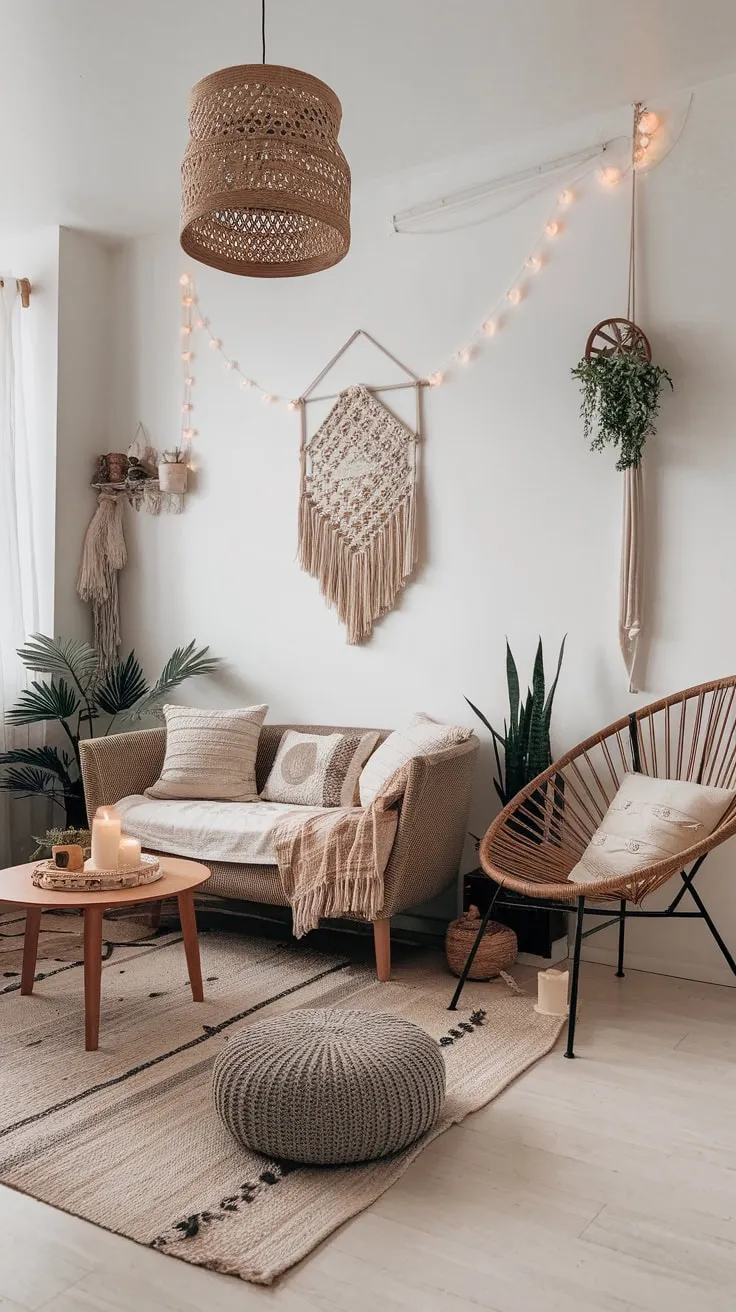 A minimalist boho apartment showcases clean lines, natural elements, and carefully curated décor for a relaxed yet stylish living space