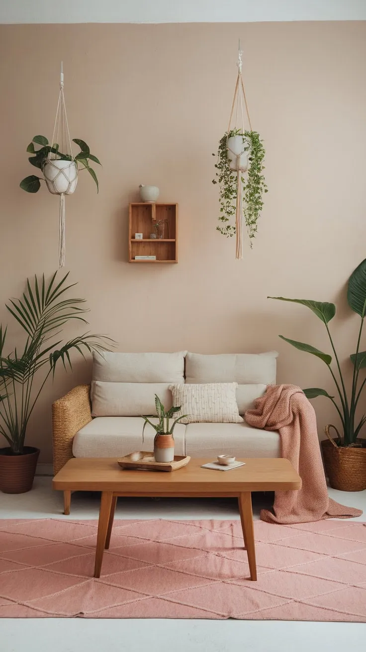 A minimalist beige and pink boho living room thrives with natural textures, potted plants, and carefully chosen accents.