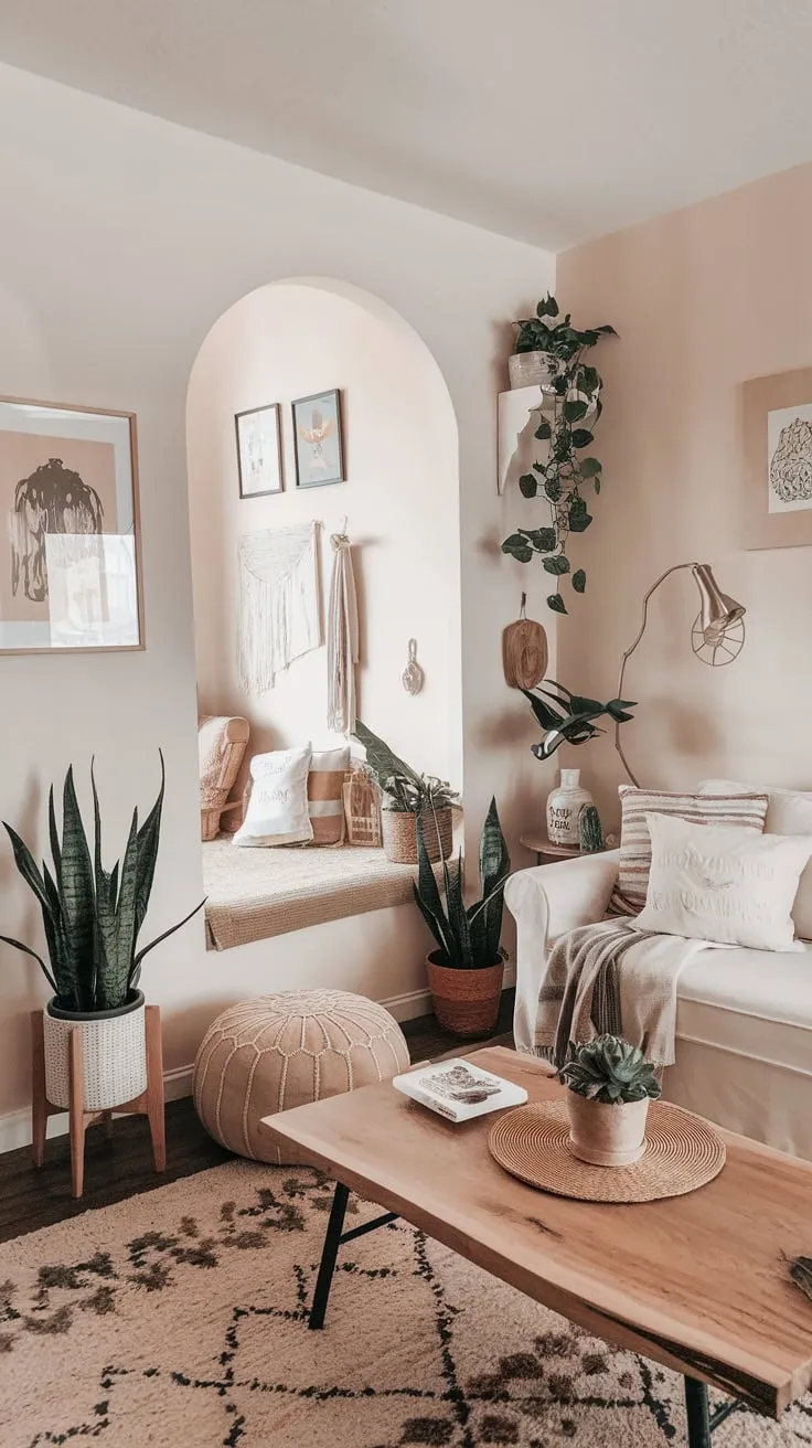 Plants, art, and warm textures create a relaxed bohemian haven in this charming studio.