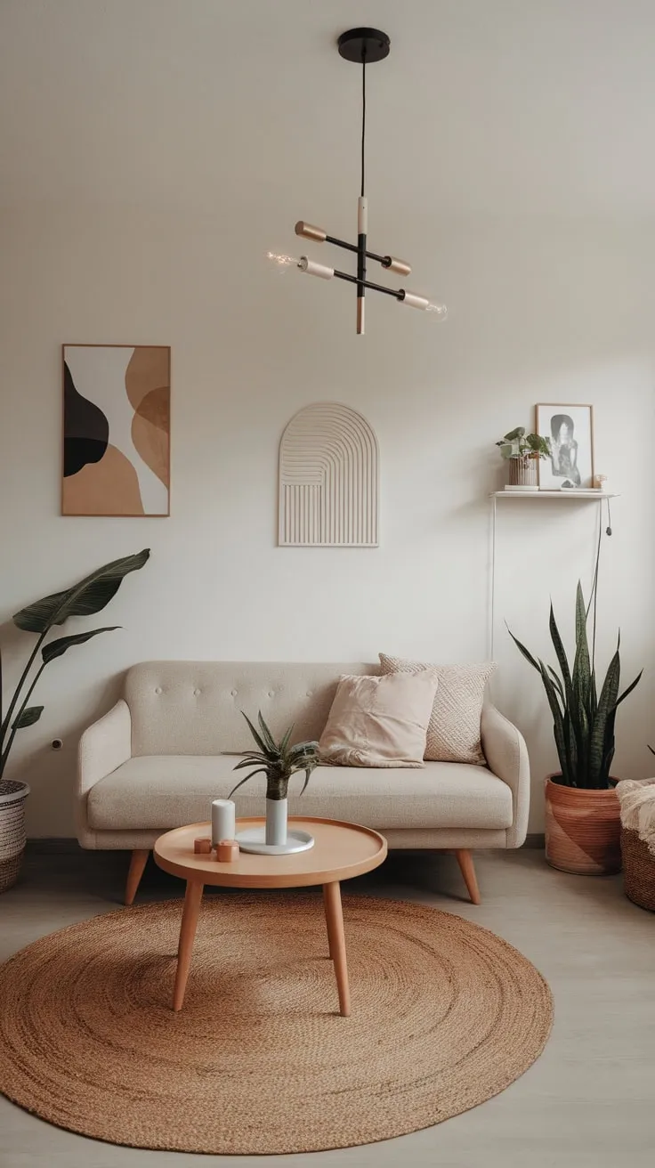 A small apartment's boho minimalist living room boasts a clean design accented with natural textures and pops of greenery.