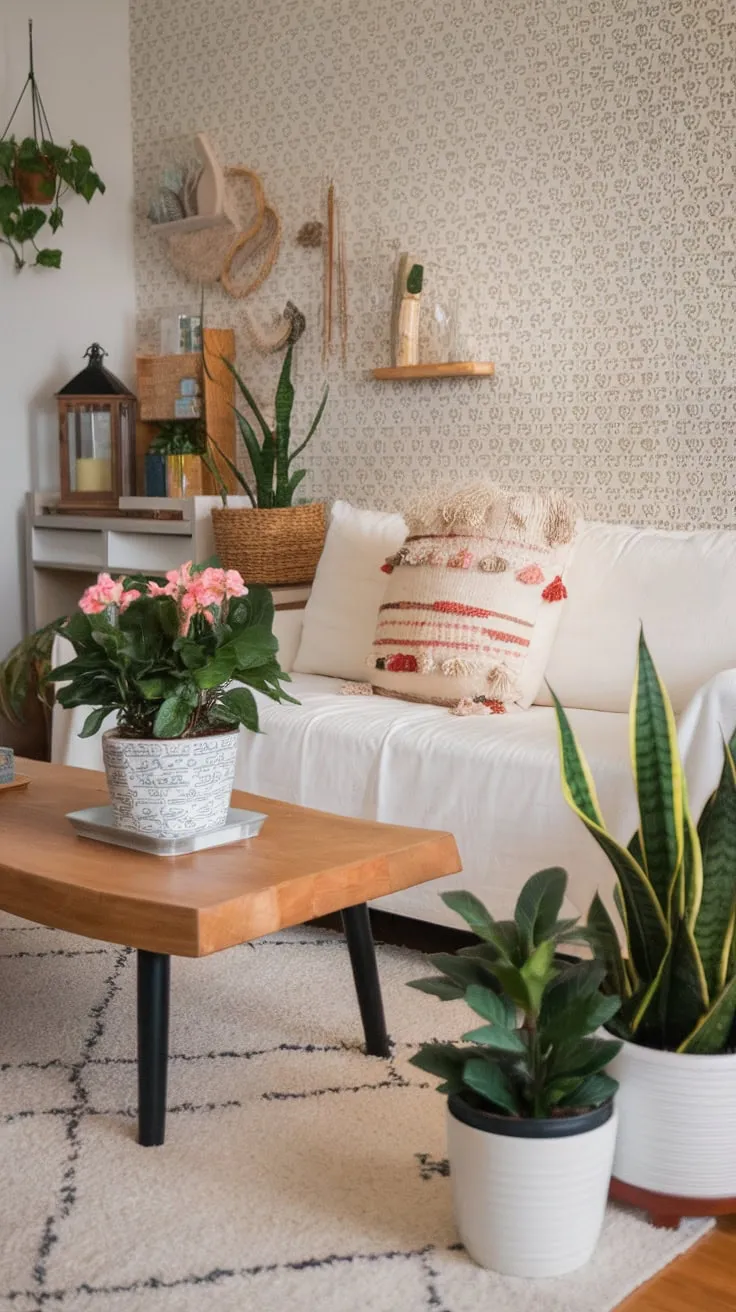 A small apartment blossoms with bohemian charm through a white sofa, patterned wallpaper, and abundant greenery.