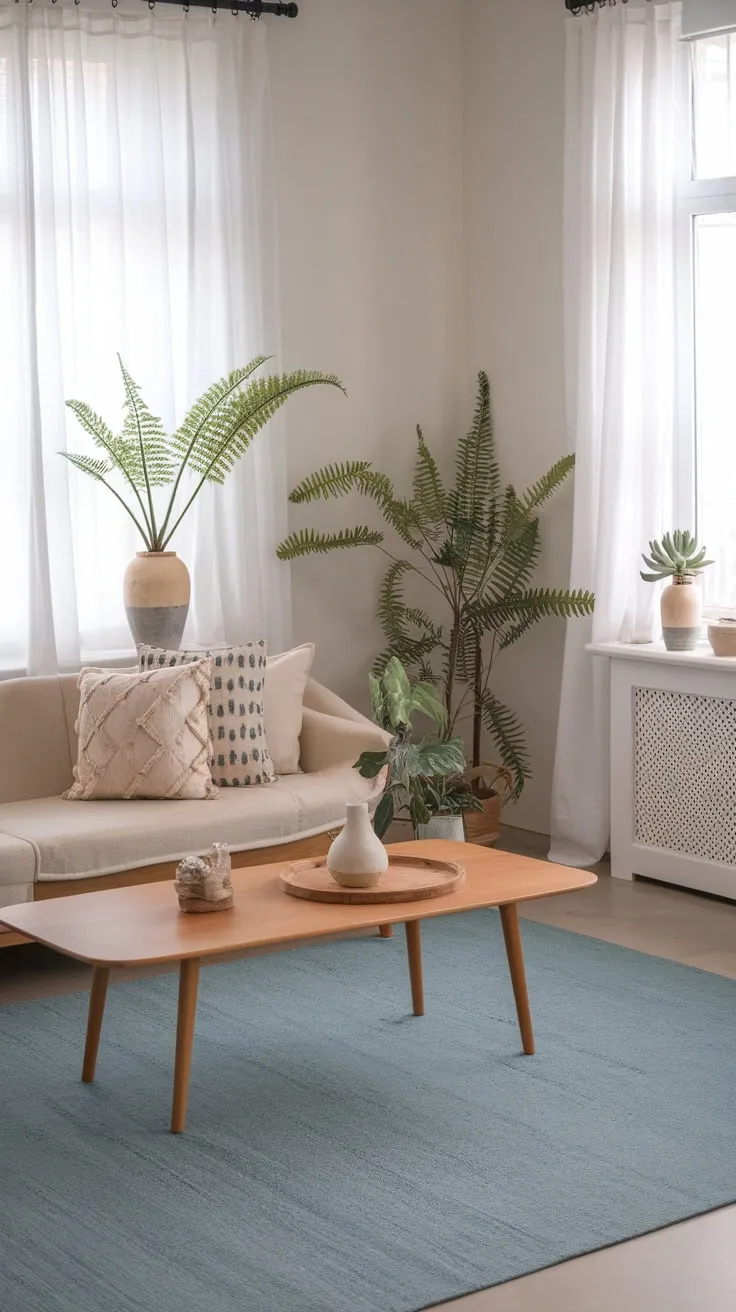 A minimalist boho living room boasts a calming beige palette, pops of pattern, and lush greenery, creating a serene and stylish space