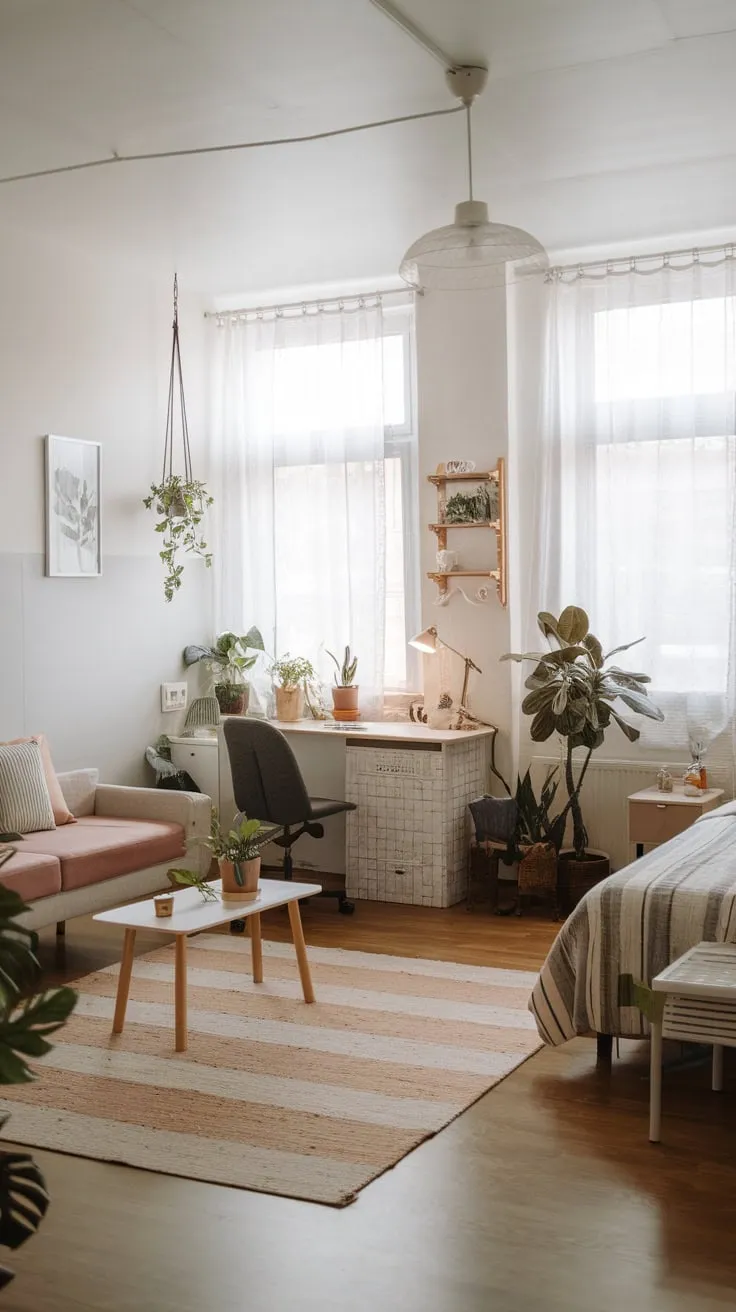 A minimalist boho apartment showcases serene living, working, and sleeping spaces, each adorned with greenery.