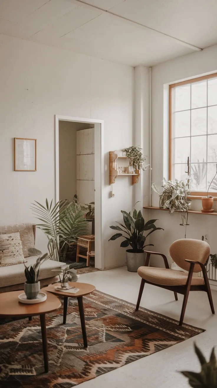 A minimalist boho apartment showcases a serene living space with pops of nature and a patterned rug.