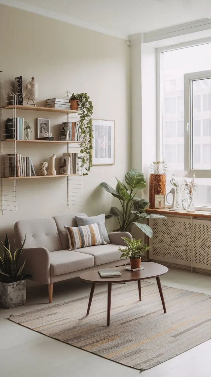 Sunlight streams into a minimalist boho studio apartment, highlighting a cozy sofa, potted plant, and curated bookshelves.