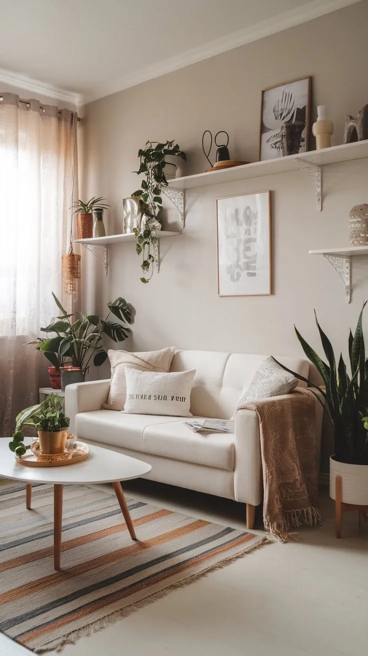 A light grey studio apartment showcases a minimalist boho aesthetic with a white sofa, plants, and carefully curated decor.