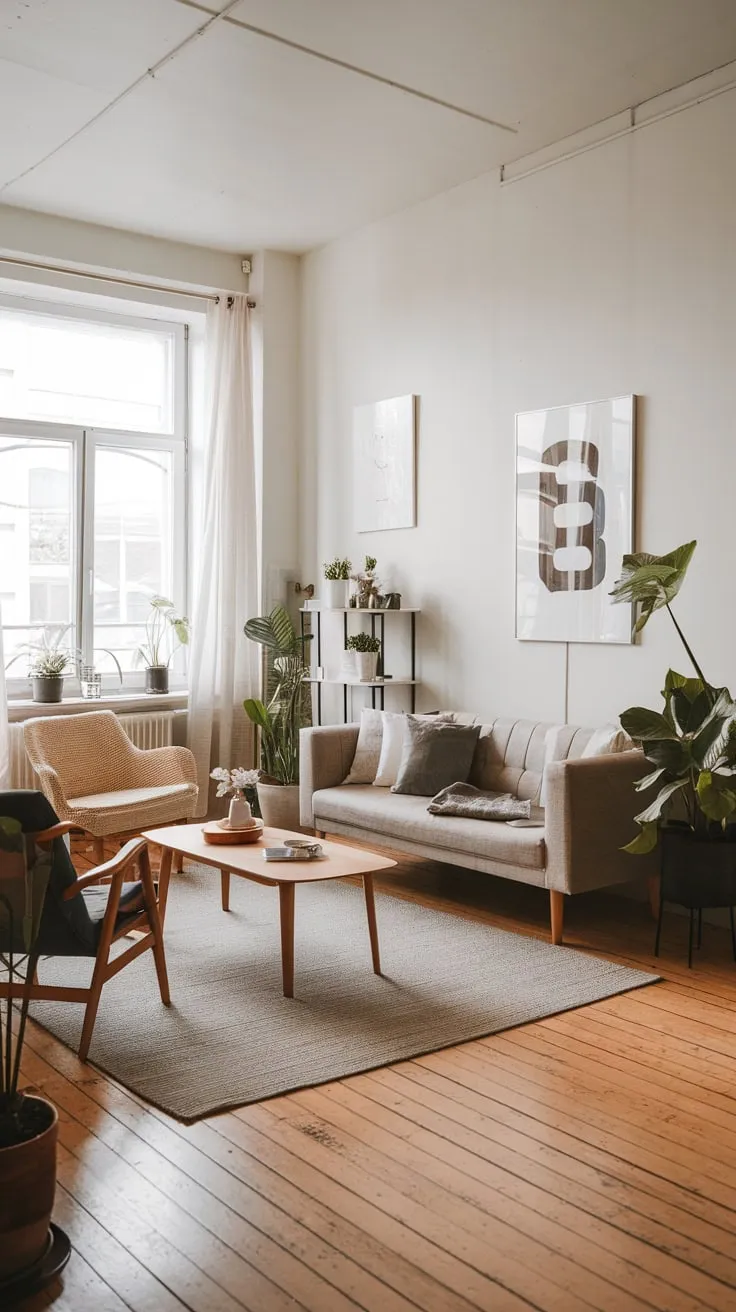 Minimalist furniture and lush plants create a serene modern boho living space