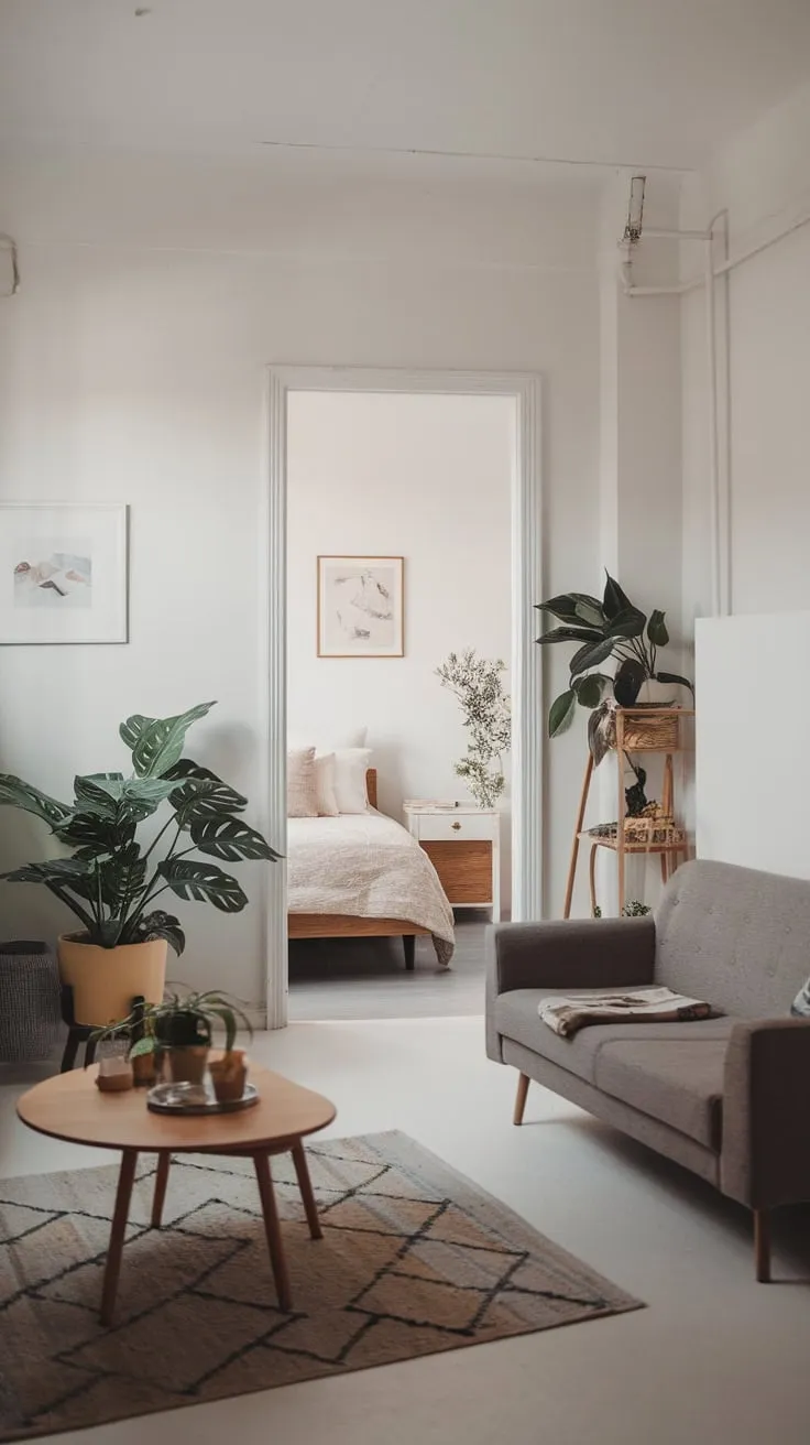 A minimalist boho apartment showcases cozy living and sleeping areas, accented with greenery and simple furniture.