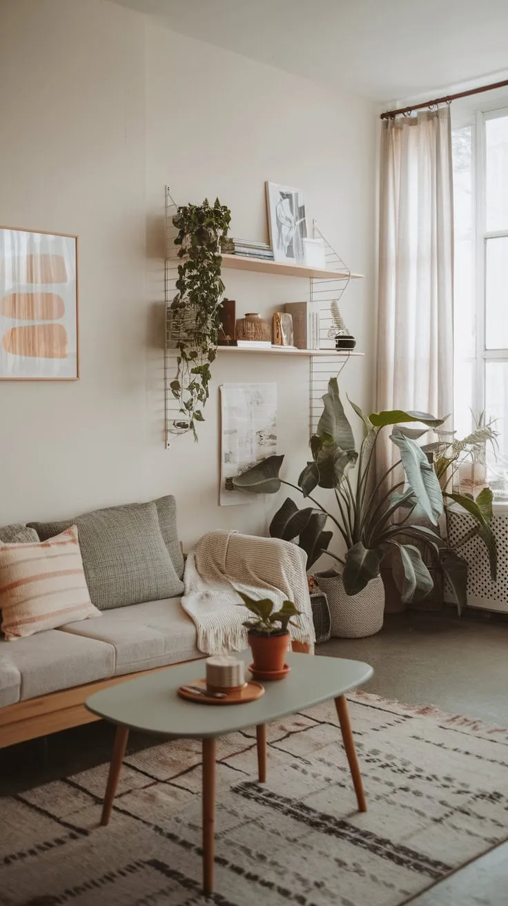 Cozy and stylish, a small boho apartment showcases minimalist living with pops of nature and artistic flair.