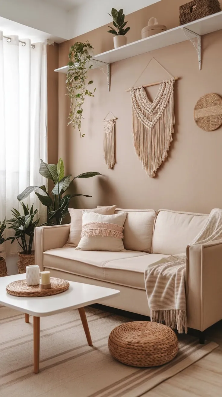 Potted plants and woven accents create a calm boho haven in this small apartment's living room.