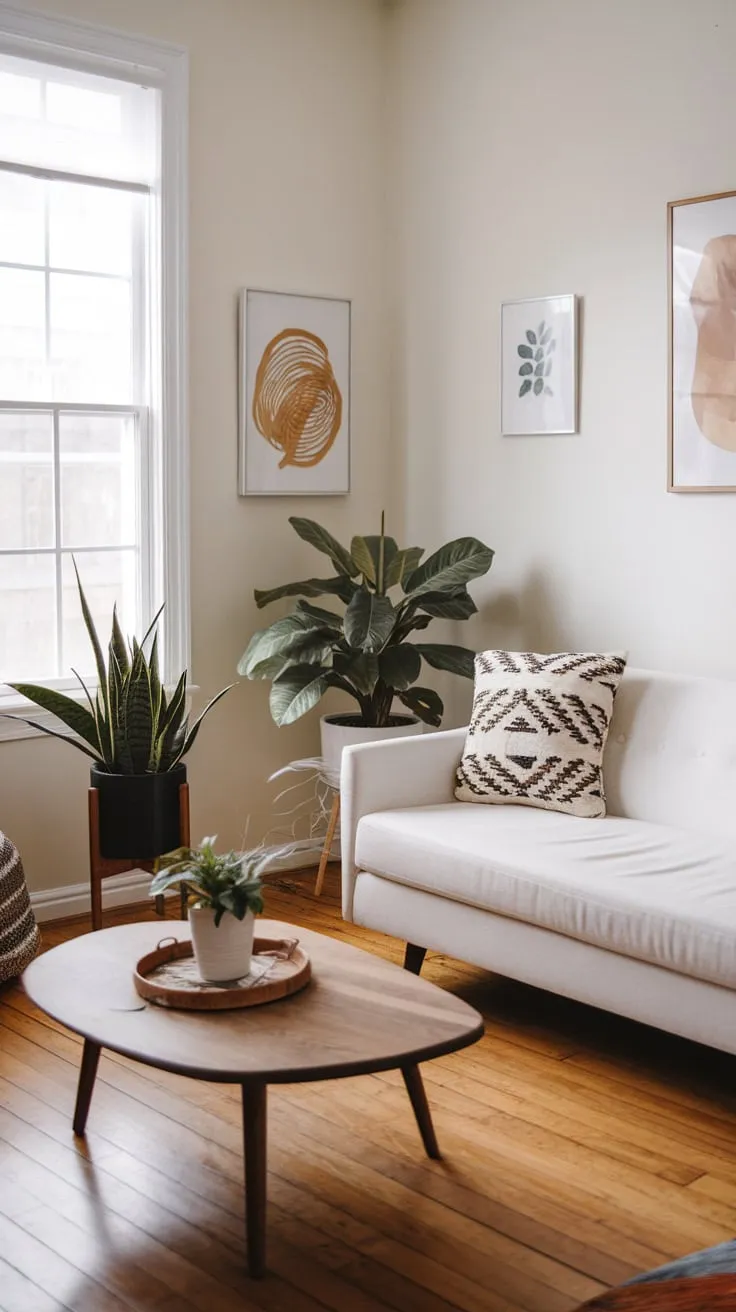 A minimalist boho living room boasts hardwood floors, a white sofa, and pops of natural elements for a calm, stylish space