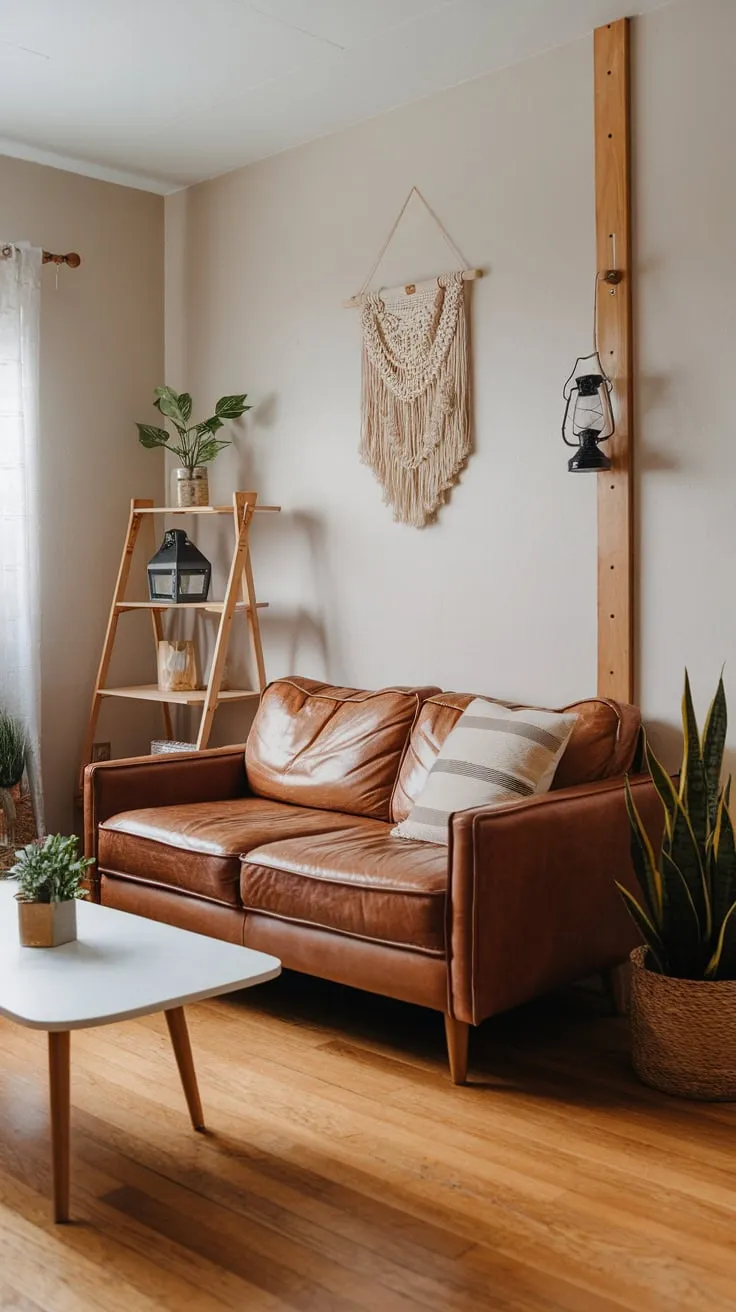 Hardwood floors and white walls highlight the natural textures and earthy tones of this small but stylish boho apartment.